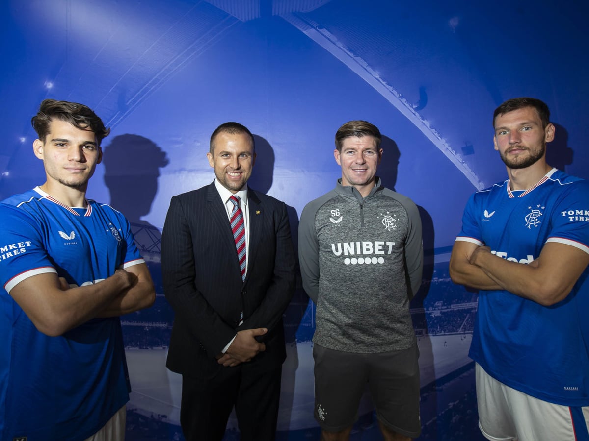 Radek Grill of TOMKET with Steven Gerrard and two Rangers F.C. players in TOMKET-sleeved kit.